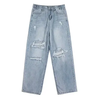 Ripped Washed Jeans Boys Summer Loose Wide Leg Straight Pants