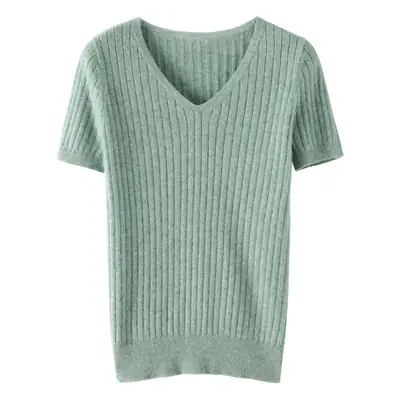 Women Knitted V-Neck T-Shirt Purple Slim Fit