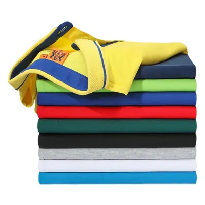 Blue Polo Shirt with Yellow Trim Long Sleeve Business Style