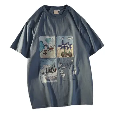 Women's 2022 Printed Pullover T-Shirt Blue Loose Fit