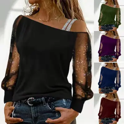 Maroon Mesh Oblique Collar Long Sleeve T-Shirt