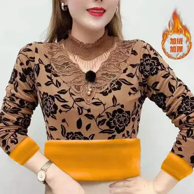 Women's Black Velvet Embroidered Winter Top with Orange Trim