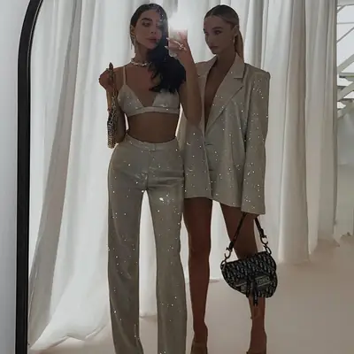 Sexy Sequin Camisole Nightclub Suit with High Waist Pants