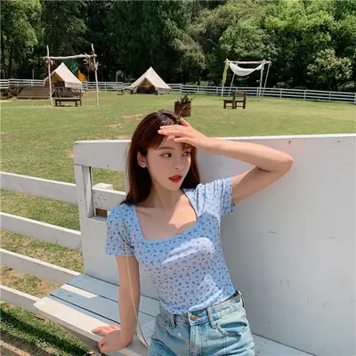 Women Blue Floral Square Neck T-Shirt 2025 Summer Slim Fit