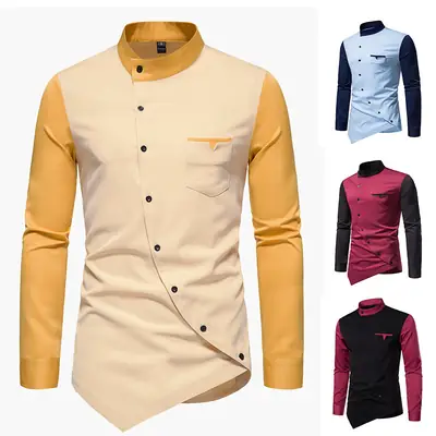 Men Long Sleeve Button Shirt Blue Black White Pink Black