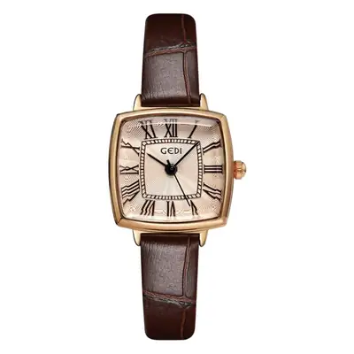 Women's Gold Roman Dial Waterproof Quartz Watch with Brown Strap