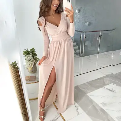 Red Long Sleeve V Neck Slit Dress for Women