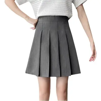 Japanese Pleated Skirt for Women, Grey, Elastic Waist, Slimming A-Line