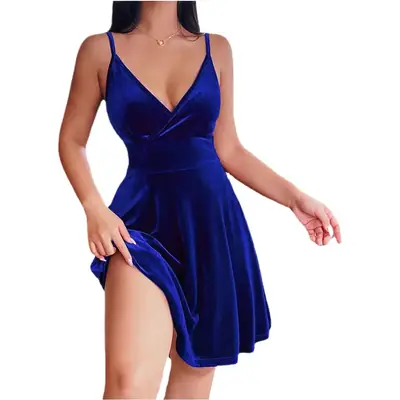 Blue Velvet High-Waist Skirt Dress for Women