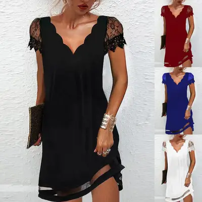 Black Lace Chiffon Wave V-Neck Dress for Women