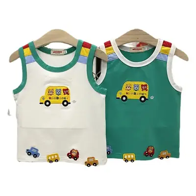 24 Summer Kids Cotton Vest Top Cartoon Car Matching Green White