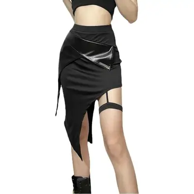 Black Leather Side Slit Skirt for Women 2024