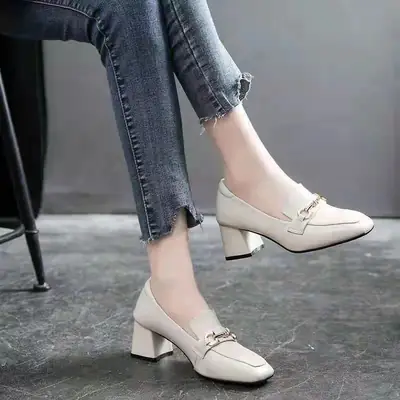 Spring and Summer 2022 New Soft Leather British Style Small Leather Shoes Women's Soft Leather Shoes Women's All-match Mid-heel Chunky Heel Trendy Single-layer Shoes