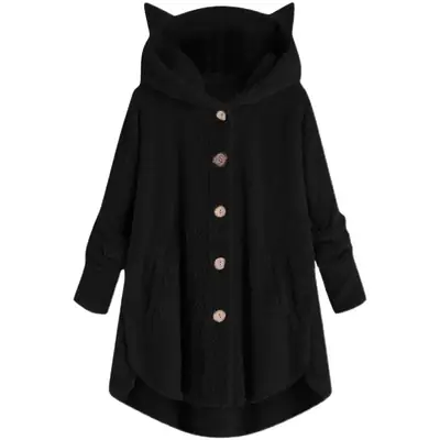 Women Button Plush Hooded Coat Gray Black Green