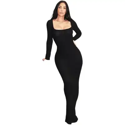 Women's Long Sleeve Square Collar A-Line Dress Skin Tone