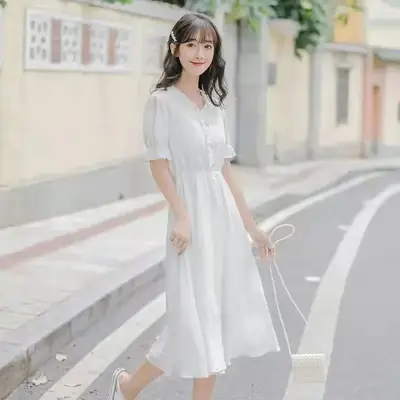 White Puff Sleeve Floral Dress Summer New Elegant Gentle Fairy Skirt