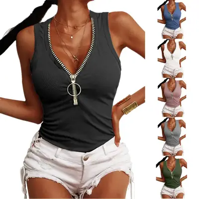 Women's Threaded Zipper V-Neck Vest Top in Pink