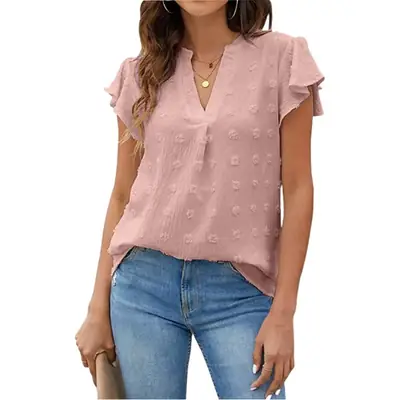 Women V-Neck Pleated Lotus Leaf Blouse 10 Colors