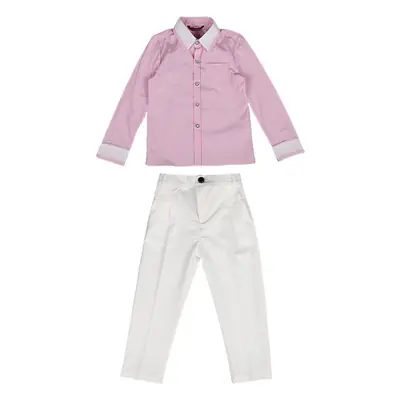 Boys Pink Striped Shirt & White Pants Set