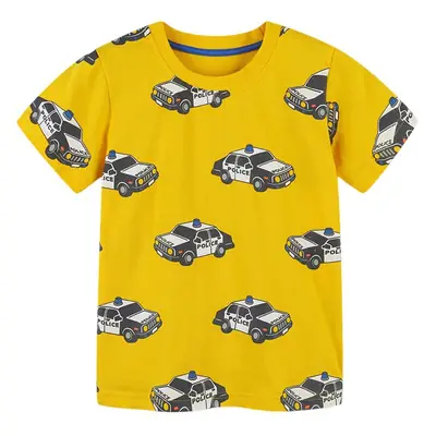 Kids Police Car Printed Yellow T-Shirt Short Sleeve Knitted Cotton
