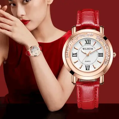Women's Rhinestone Quartz Watch with White Leather Band