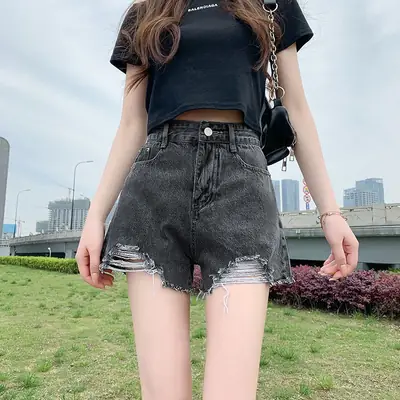 Women Denim Shorts High Waist Ripped Wide Leg Summer