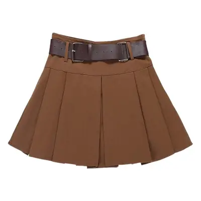 Vintage Campus Pleated Skirt Brown Belted Women