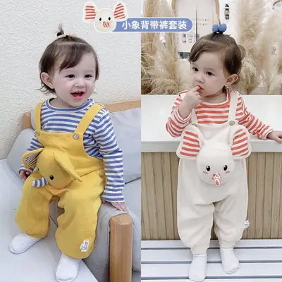 Cute Pig Design Baby Overalls Striped Pink White