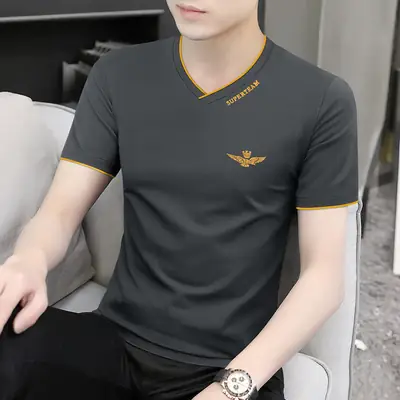 Men Ice Silk V-Neck T-Shirt Black Yellow