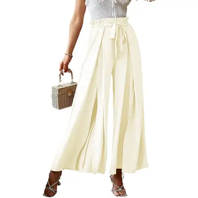 2025 Wide Leg Pleated Pants Cream High Waist Belted