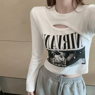 Women Korean Style Long Sleeve T-Shirt White Gray Set