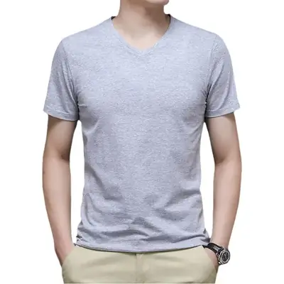 Men White V-Neck Cotton T-Shirt Summer