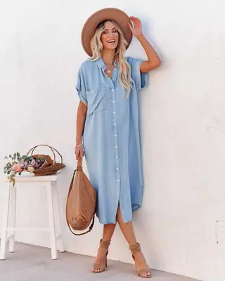 Blue Denim Long Slit Shirt Dress for Women