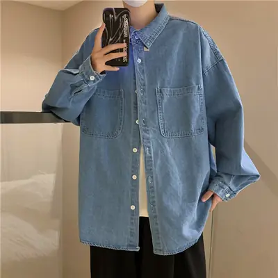 Men Denim Long Sleeve Shirt Blue Solid Color