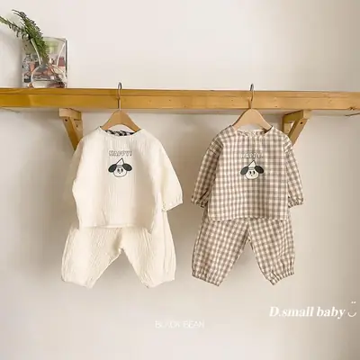 Korean Style Infant Plaid Top Pants Set Spring Summer