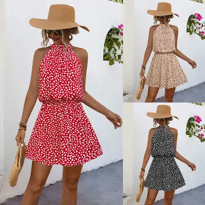 2024 Printed Off-Shoulder Halter Dress with Short Skirt