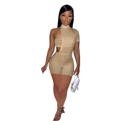 2022 Women's Beige Pit-Ready Shorts Suit with High Neck Clip