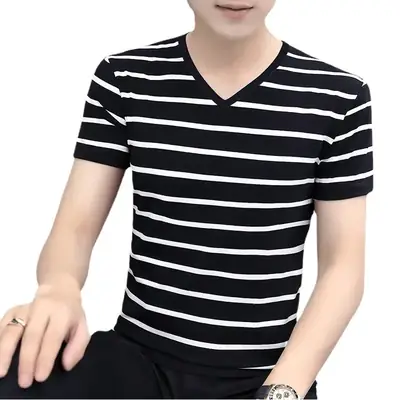 Men 2025 Black White Striped Cotton T-Shirt Slim Fit