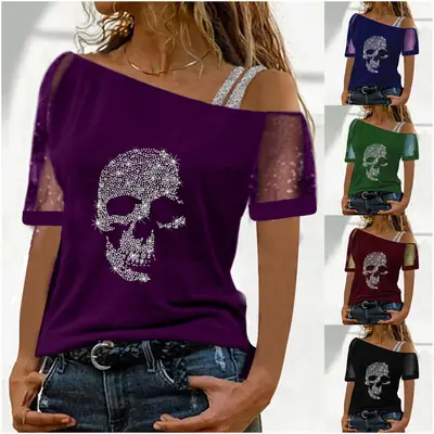 2022 Blue Skull Oblique Neck Mesh T-Shirt