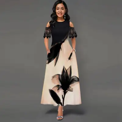 Printed Lace Long Dress Women Black Cream 2022
