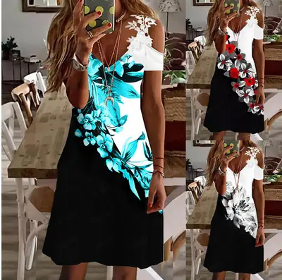 Printed Lace Dress Red Floral Short Sleeve Casual Holiday Wear