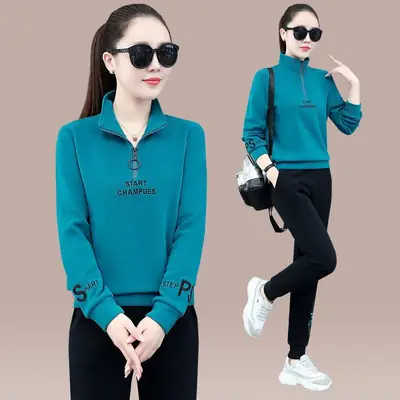 Women 2-Piece Black Polo Sweatpants Set Spring Autumn Casual