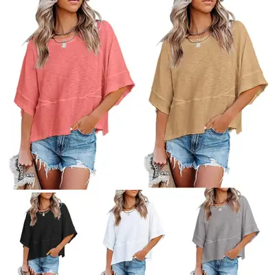 2025 Summer T-Shirt Pink Five Bell Sleeve Loose Top