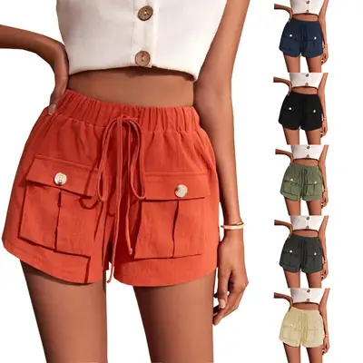 2022 Summer Drawstring Casual Shorts Mid Waist Cotton