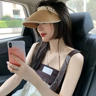 Black Pearl Beaded Straw Hat with Headband & Hairpin