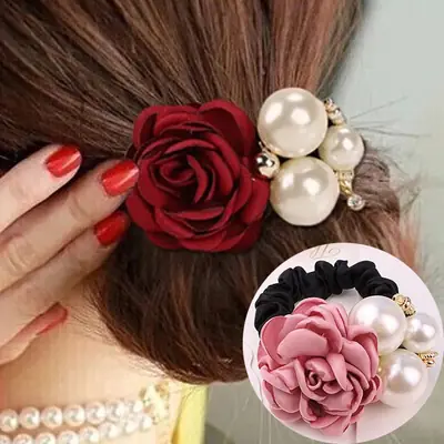 Women's Pearl Rose Hair Bands Black Pink Blue