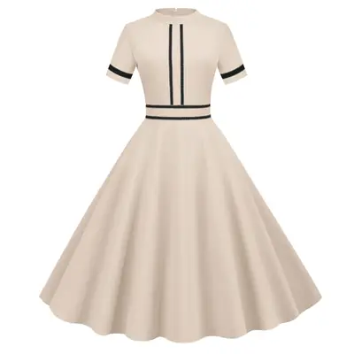 Retro Short Sleeve Party Dress Cream Black Embroidered