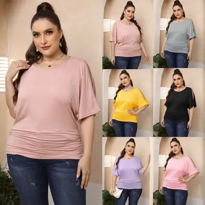 Plus Size Yellow Pleated T-Shirt with Off-Shoulder Sleeves