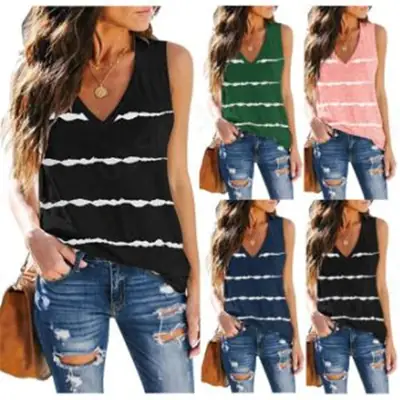 2025 Women's Sleeveless Camisole V Neck Striped Black