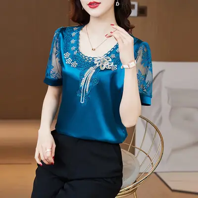 Women's White Satin Lace Short Sleeve Shirt 2025
